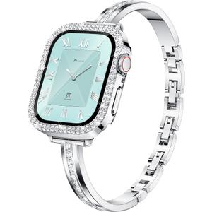 Missair Bands Compatible for Apple Watch Band 40mm 41mm 44mm 45mm with Screen Protector Case, Slim Metal Dressy Jewelry Bracelet Strap with Bling Diamond Cover for iWatch Series 9 8 7 6 5 4 for Women (Silver)
