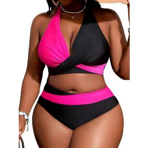 HYTENSUN Women' s Plus Size Bikini 2 Piece Color Block Swimsuits High Waisted Tummy Control Bathing Suit Adjustable Tie Strap (Large, 184 Black+ Rose Red)