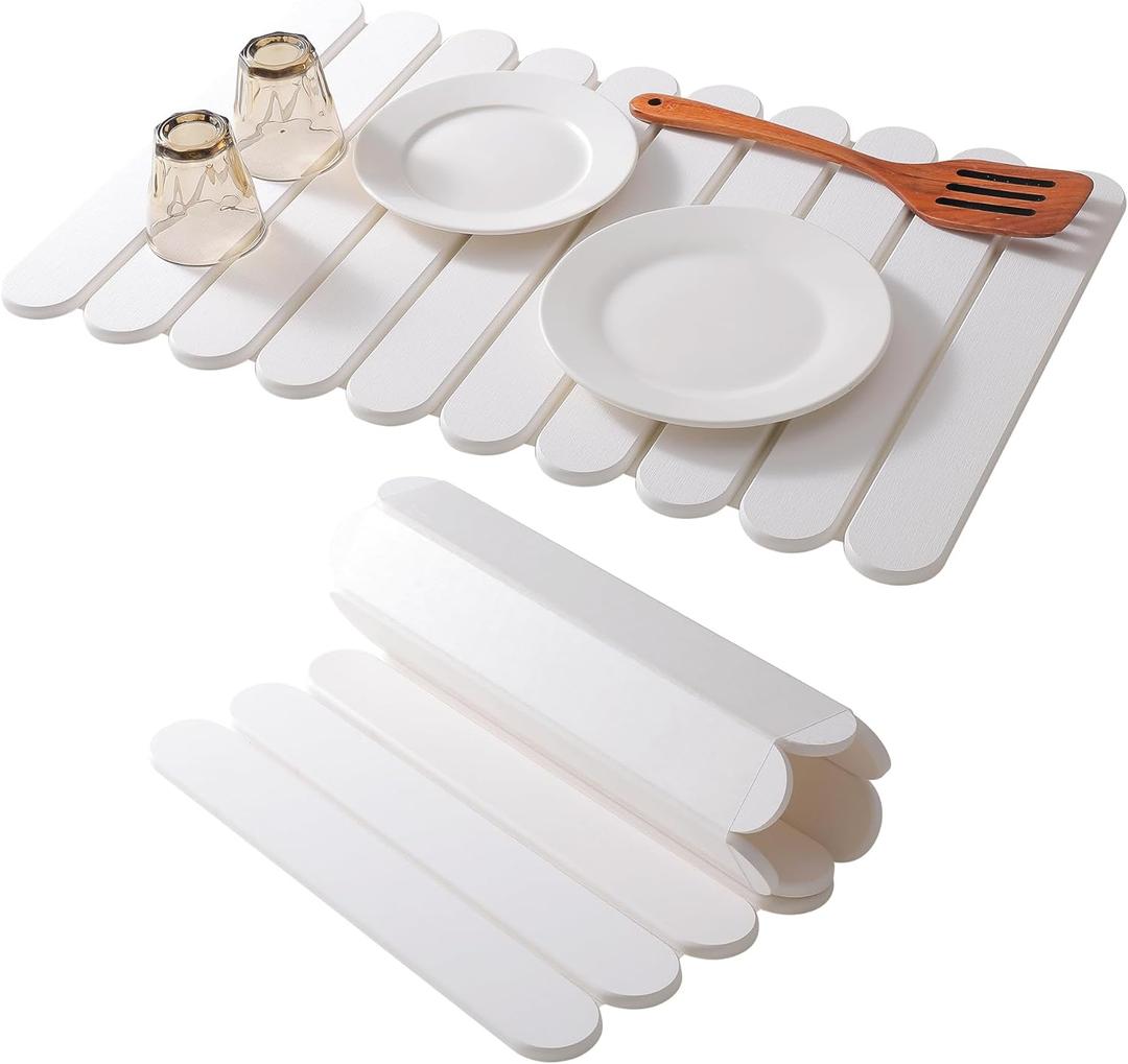 24"16" White Stone Dish Drying Mats for Kitchen Counter, Large Quick Dry Collapsible Eco-Friendly Super Absorbent Diatomaceous Earth Heat-resistant Mat for Dishes Bottles Cups, Match Any Countertop