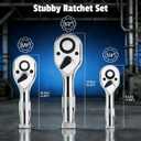 3-Piece Stubby Ratchet Set, 1/4", 3/8", 1/2", 72-Tooth Mini Driver Ratchet Wrench Set, Chrome-Plating & Polishing, Quick-Release, EVA Environmentally Organizer