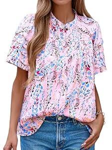 MASCOMODA Womens Tops Summer Boho Floral Short Sleeve Button Down Shirts Crewneck Loose Vacation Dressy Casual Work Blouses (Floral Pink Multicolored,Medium)