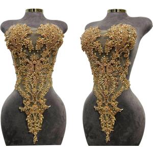 Handmade Rhinestones Lace Bodice Applique Sew on Beads Sequins Trimming Patches for Dress Clothing Accessories 1Pcs/Bag (Champagne)