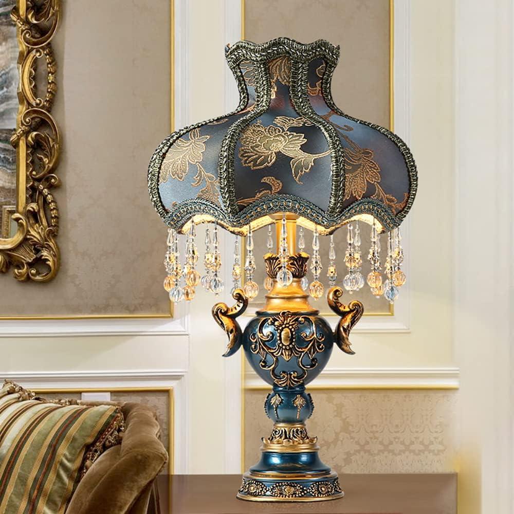 Victorian Style Table Lamp, Antique Flower Decorative Bedside Desk Lamp, Blue Fabric Night Light Elegant Bedside Nightstand Lamps for Bedroom Living Room