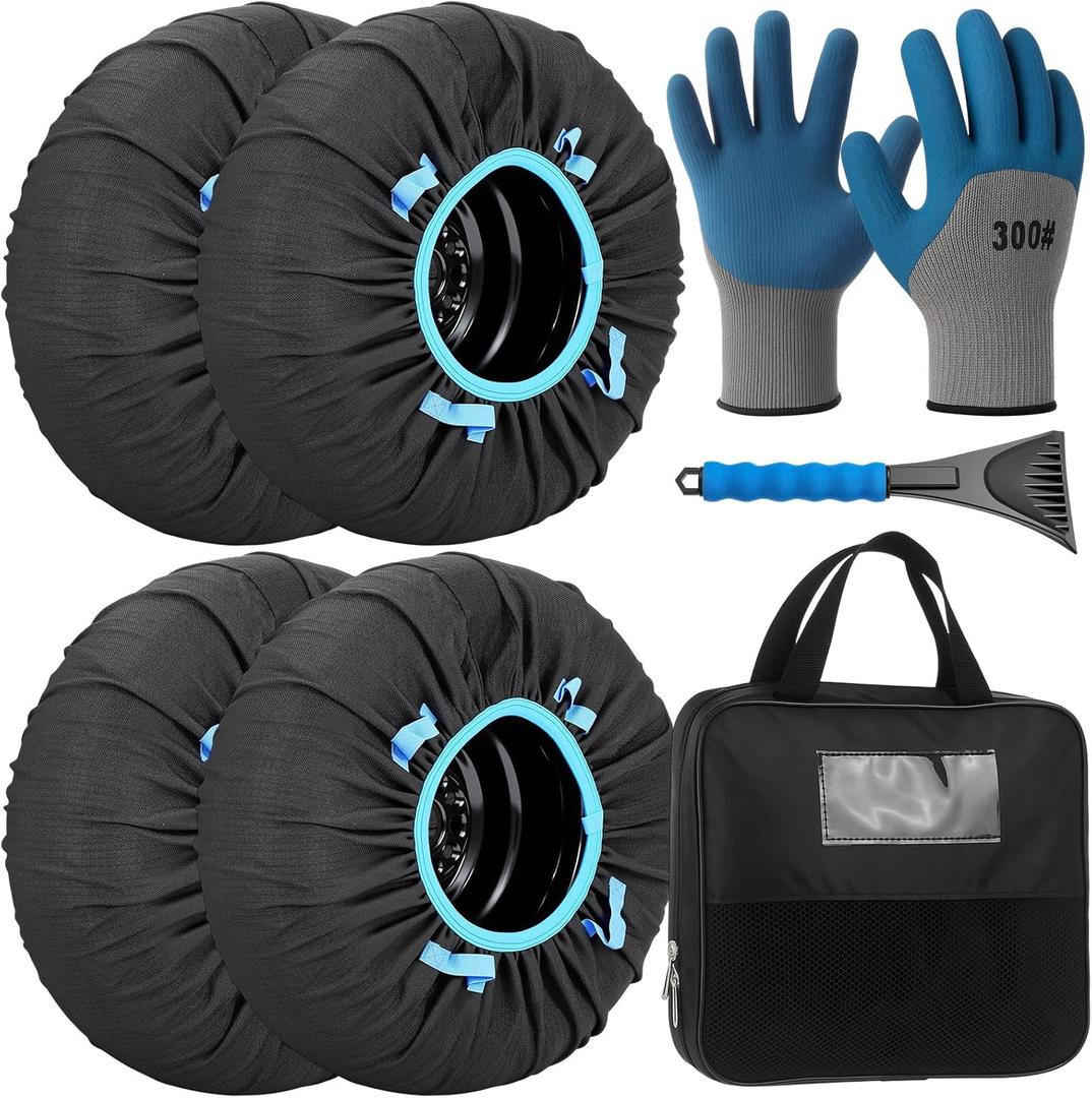 2 Pack Automotive Snow Socks for Tire, Traction Aid Anti Slip Tire Covers Chain with Ice Scraper Gloves, Universal Emergency Winter Kit for Cars Suvs Trucks Quick Fit Easy Installation (M)