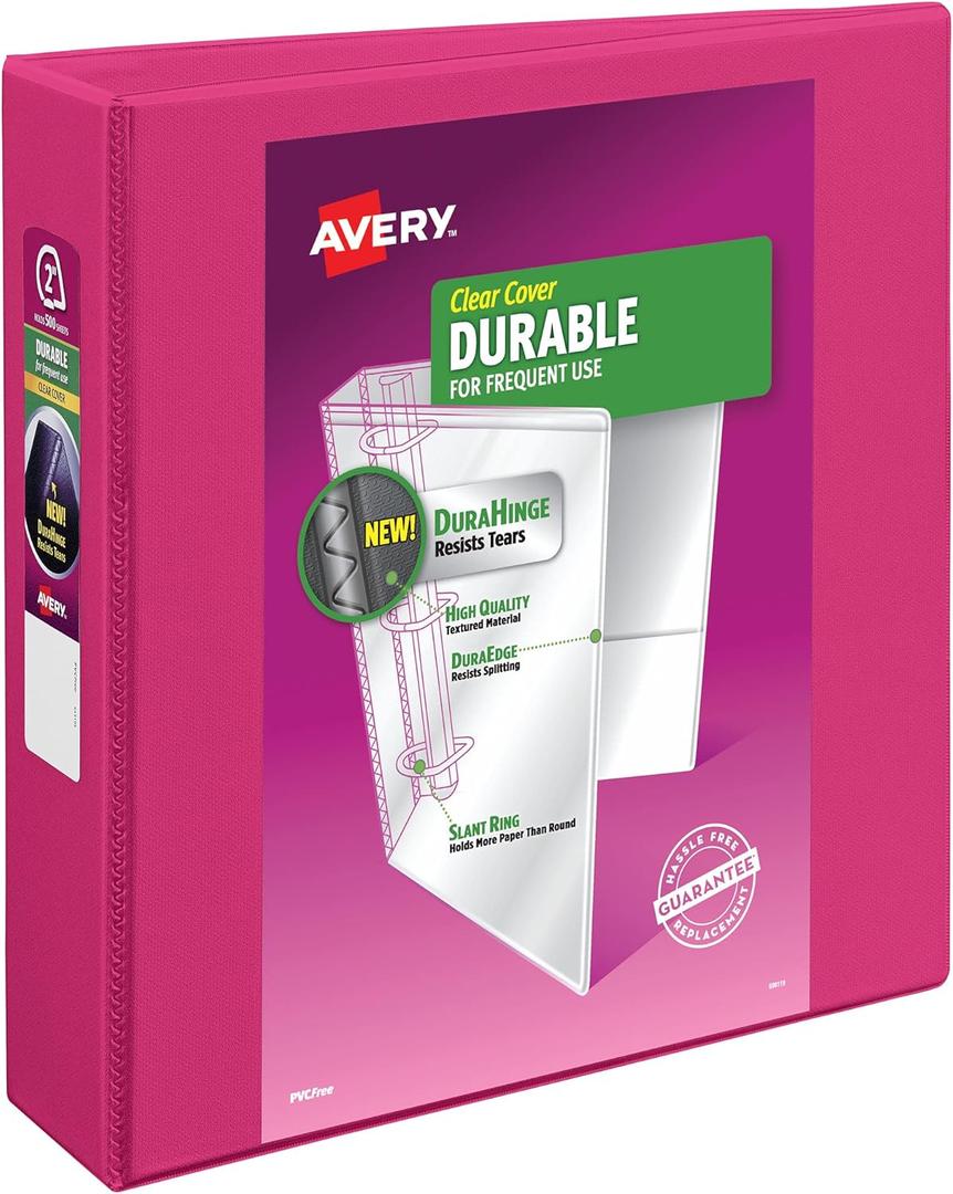 Avery Durable View 3 Ring Binder, 2 Inch Slant Rings, 2.8 Inch Wide Spine, Customizable Clear Cover, Ideal for School, Office, and Home Organization, 1 Pink Binder (17836)
