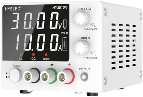 Variable DC Power Supply, 0-30V 0-10A, HYELEC Bench Power Supply with Encoder Knob, 4-Digit LED Display, Digital Calibration, USB and Type-C Charging