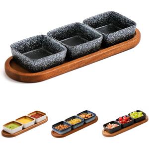 Chip and Dip Serving Set, Ceramic Dipping Sauce Bowls with Wooden Tray, 3.5 inch Side Dishes Set of 3 for Entertaining, Party, Buffets, Appetizers, Snacks and Sushi, Snowflake