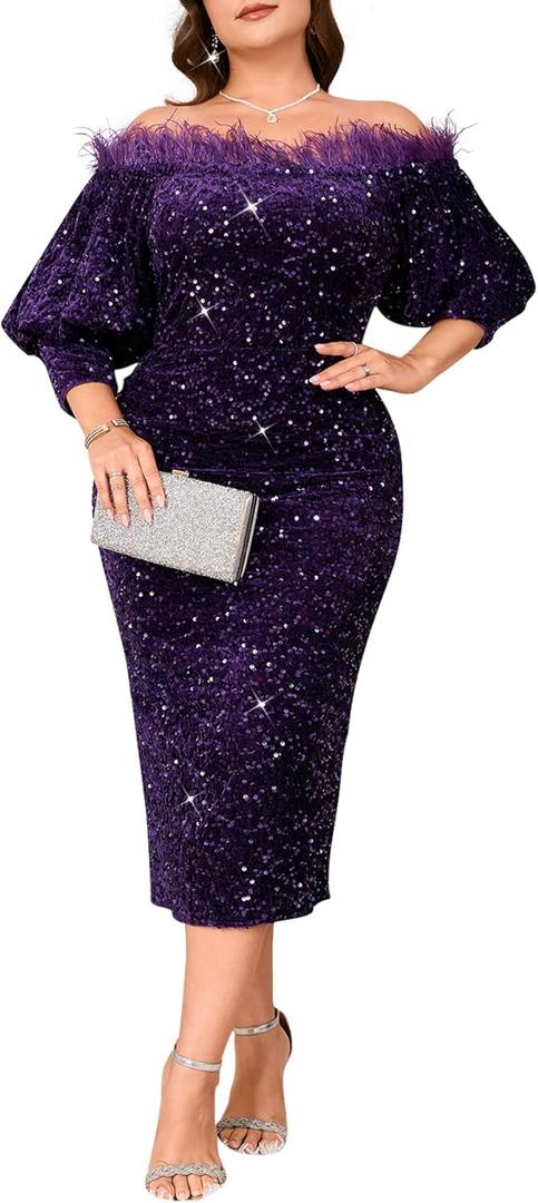 dasmzper Women Sexy Sequin Off The Shoulder Puff 3/4 Sleeve Bodycon Dress Formal Party Cocktail Evening Midi Dress, XXLarge