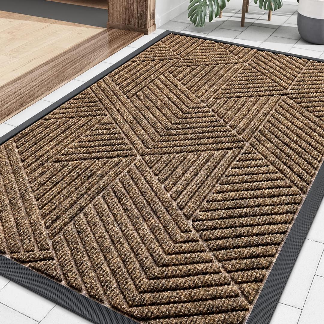 Smiry Front Door Mat Outside Entrance, Heavy Duty Sturdy Natural Rubber Doormat, Trap Dirt and Moisture, Easy Clean Low Profile Mats for Indoor Outdoor Entry, Irregular Triangle (29.5x17, Brown)