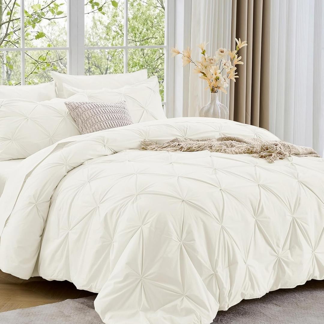 Sasttie King Size Comforter Set, 7-Piece Bed in a Bag, Pintuck Bedding Set for All Seasons, Includes Comforter, Flat Sheet, Fitted Sheet, Pillowcases and Pillowshams, Ivory