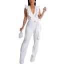 HBQ Womens Casual One Piece Jumpsuits Deep V-Neck Sleeveless Ruffle Elegant Romper Wide Leg Pant Sexy Party Clubwear Overalls-White-S