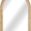 Arched Rattan Wall Mirror  24x36 Inch Boho Elegance with Woven Frame and Wooden Bead Trim, Decorative Mirror for Bathroom Vanity Entryway Living Room