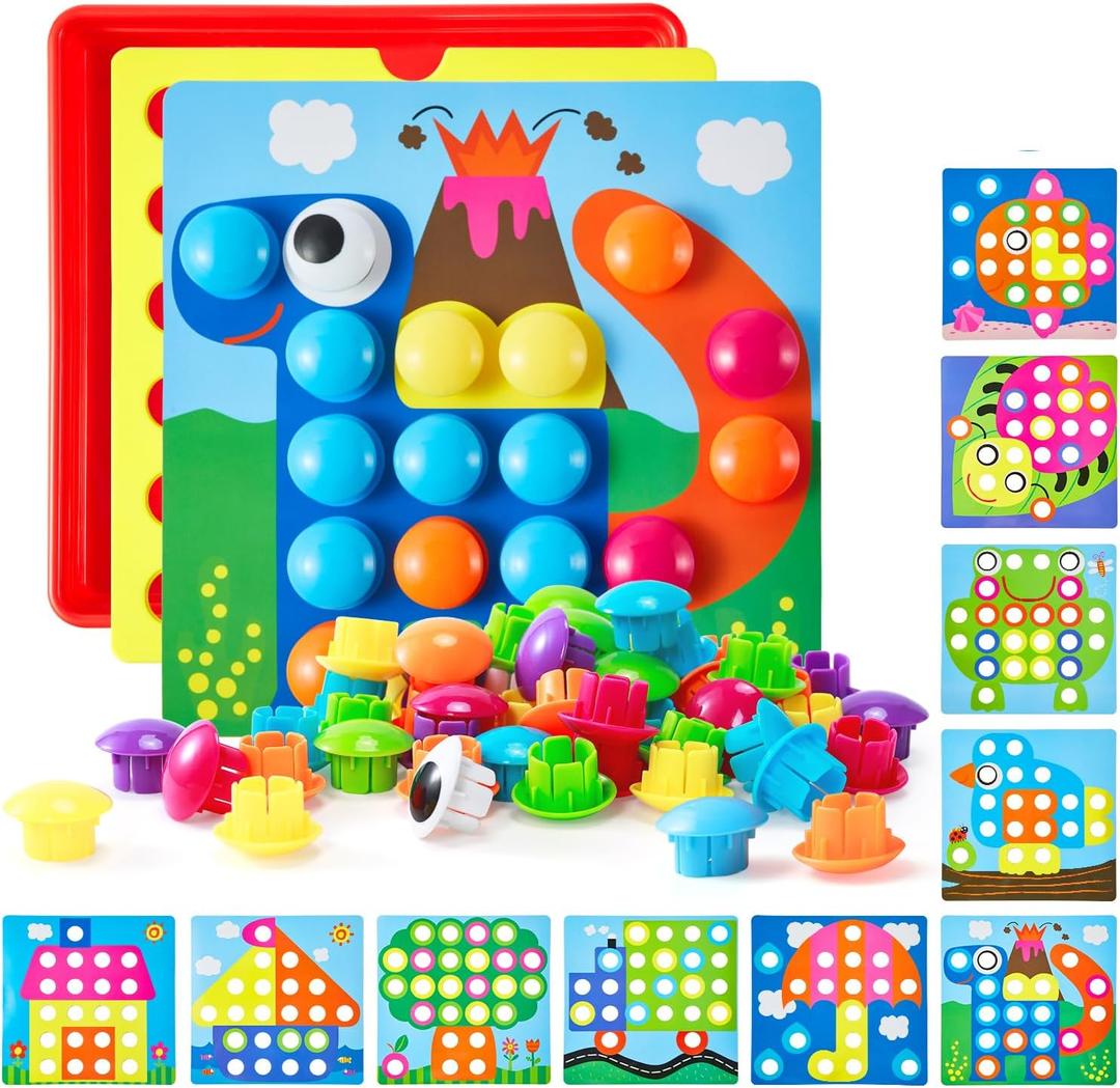 Geekper 68PCS Button Art Toys for Toddlers Color Matching Mosaic Pegboard, Early Learning Educational Toys for 3, 4, 5, 6 Year Old Kids Boys and Girls, 10 Pictures and 58 Buttons