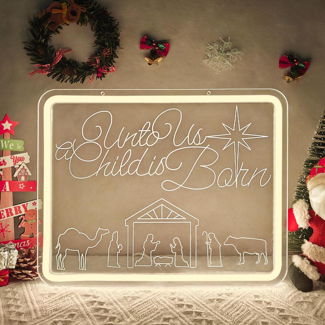 Merry Christmas Neon Sign Unto Us A Child Is Born Neon Sign for Wall Decor Dimmable Christian Christmas Light Up Sign Nativity Scene Ornaments Jesus Party Decorations
