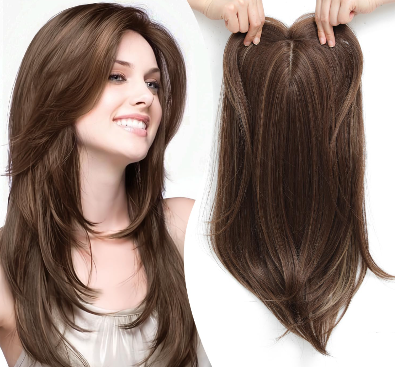 Ms Taj Hair Toppers for Thinning Hair 20inch Dark golden brown with highlights Long Layered Hair Toppers for Women Synthetic Add Volume Natural Straight Clip in Hair Pieces for Women