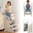 Bathroom Foot Step Stool for Kids, Toddler Step Stool Toilet Potty Training Tower with Handles and Anti-toppling Feet for Toddler (Grey White)