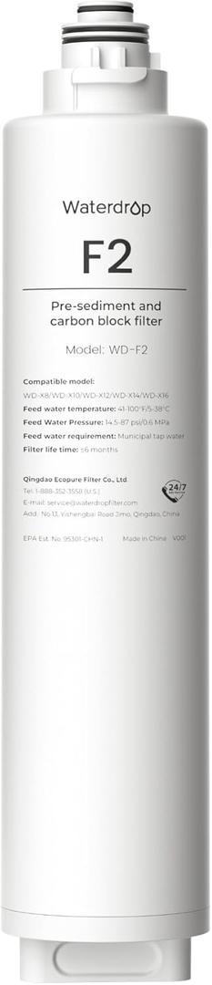 Waterdrop F2 Filter, Replacement for X8 & X12 & X16 Undersink Reverse Osmosis System, [ NOT for X8PRO & X12PRO ], 6-month Lifetime