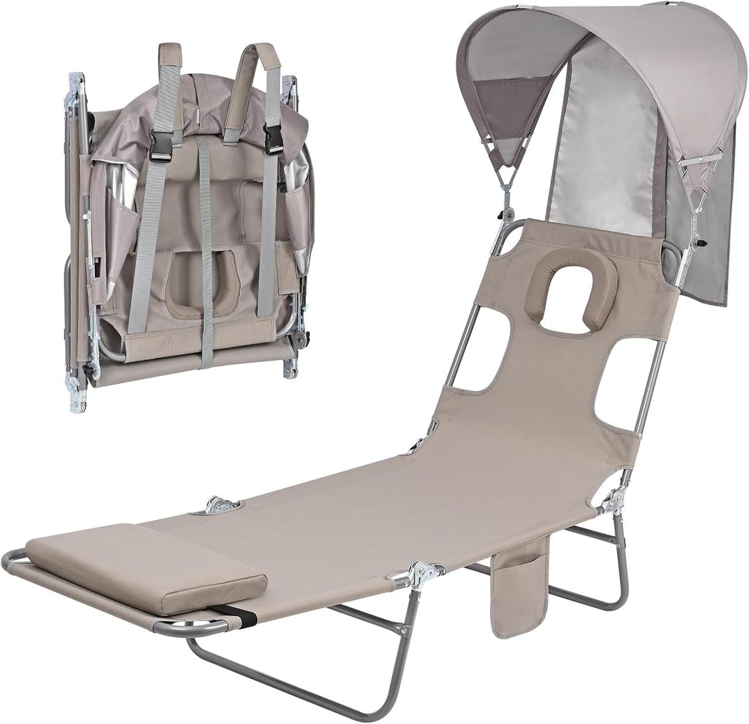 Backpack Beach Tanning Chair with Canopy and Face Hole, 6-Position Folding Lay Out Lounge Chair, UPF 50+ Wind-Resistant Sun Shade, Portable Recliner for Sunbathing, Outside, Poolside, Lawn, Patented