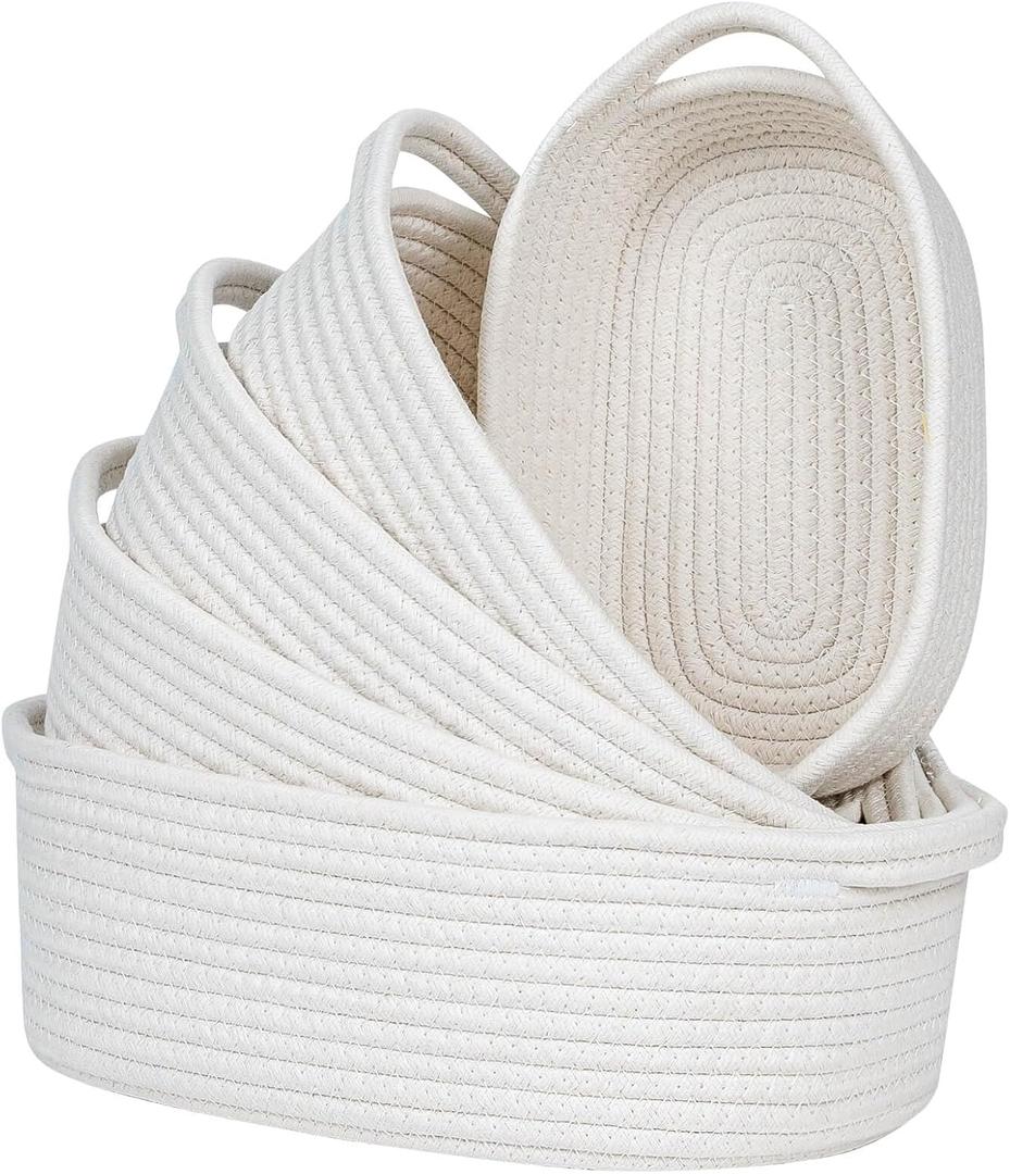 CubesLand Small Woven Rope Toys Basket for Organizing Set 5, Shelves Closet Storage Bins, Empty Gift Baby Shower Basket Also Perfect for Toilet Paper Storage, Organizer Bins Off White