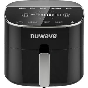 Nuwave Brio Plus 8 Qt Air Fryer, PFAS Free, New & Improved, Digital Touch Screen, Cool White Display, 50F~400F in Precise 5, 5 Cook Functions, 100 Presets & 50 Memory, 3 Wattages 700, 1500, 1800