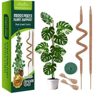 Lilyberri 2 Pack Bendable Moss Pole Monstera Plant Support, Plant Stakes for Indoor Plants, Moss Pole for Climbing Plants, Plant Support Stakes, Plant Sticks Support (2 Pack 63'')