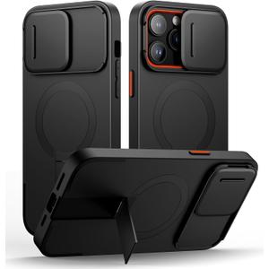 SURITCH for iPhone 14 Pro Max Case with Magnetic Camera Slide Cover and Adjustable Kickstand, Compatible with MagSafe, Shockproof Bumper Case Slim Protective Cover 6.7 Inch, Black