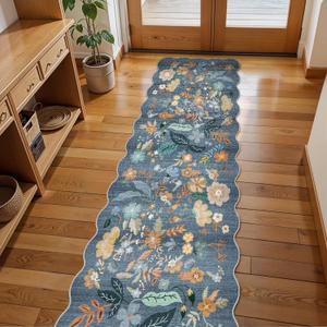 2x8 Washable Rug for Hallway: Non Slip Floral Scalloped Stain Resistant Kitchen Runner Rugs for Entryway Bedroom - Boho Ultra Soft Low Pile Throw Carpet for Nursery Dorm Decor(2x8, Blue)
