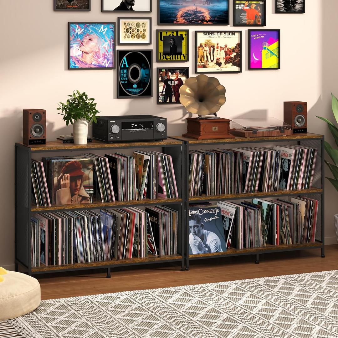 3-Tier Vinyl Record Storage: Vintage Player Table with Spacious Storage - Up to 450 Records, Turntable Stand with Adjustable Dividers, Extra Top Surface for Audio Equipment, Perfect for Living Room, 13.38"D x 39.37"W x 31.49"H