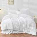 Bonlino Queen Comforter Set White Bedding - Ruched Comforter Queen Size Bed Set Boho Shabby Chic Bedding for Bedroom Comforter Fluffy 3 Piece Ruffle Comforter Set with Pillow White Soft