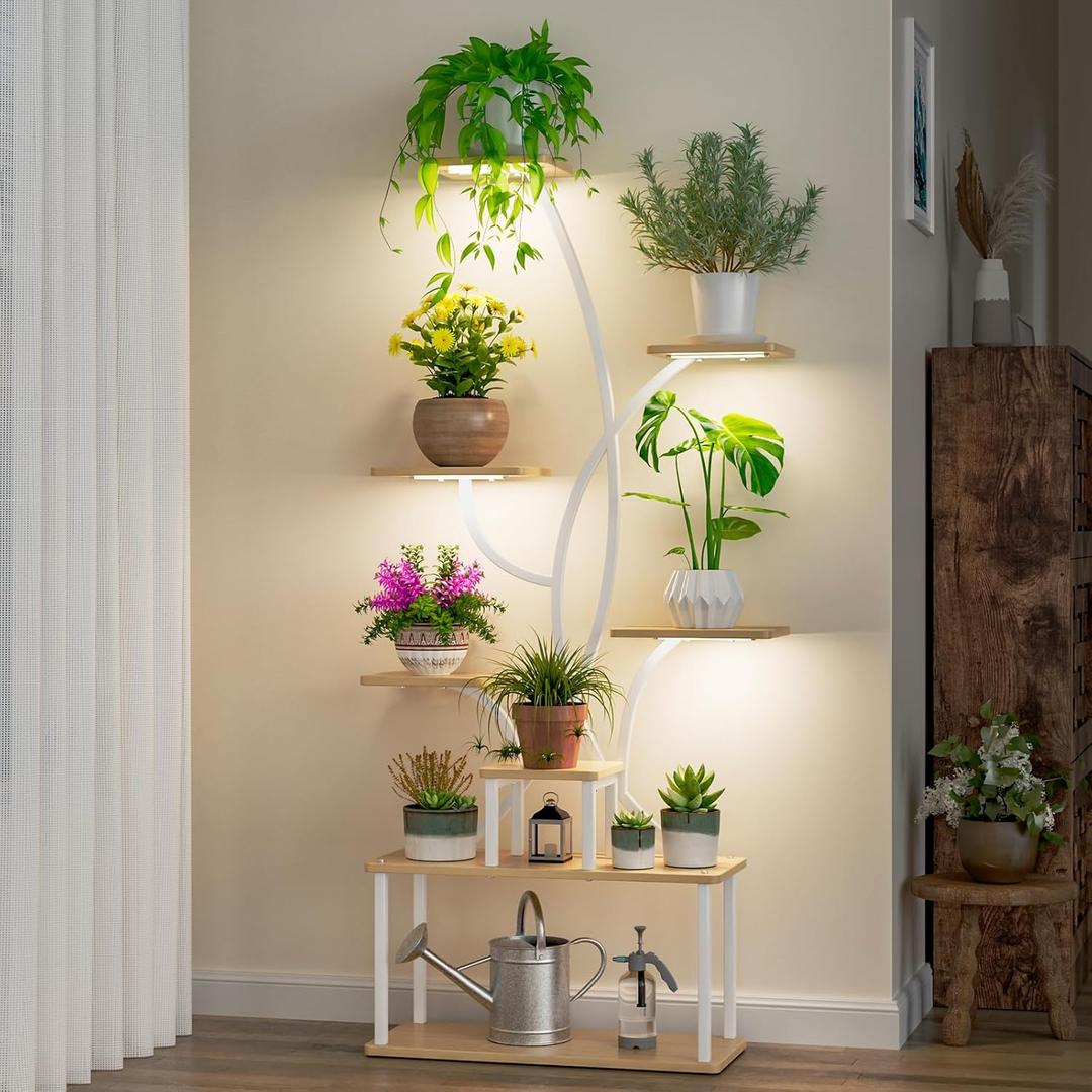 Plant Stand Indoor with Grow Light, 65" Tall Plant Stand 8 Tiered Plant Shelf, Corner Flower Stand for Indoor Plant Multiple, S-Shaped Flower Holder, Plant Rack for Home Patio, White