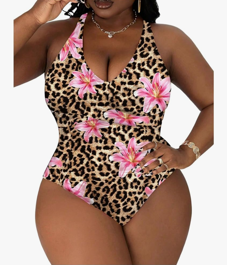 WDIRARA Women's Plus Size Floral Leopard Print One Piece Swimsuit Criss Cross Backless Swimwear XXL WDIRARA Women's Plus Size Floral Leopard Print One Piece Swimsuit Criss Cross Backless Swimwear XXL