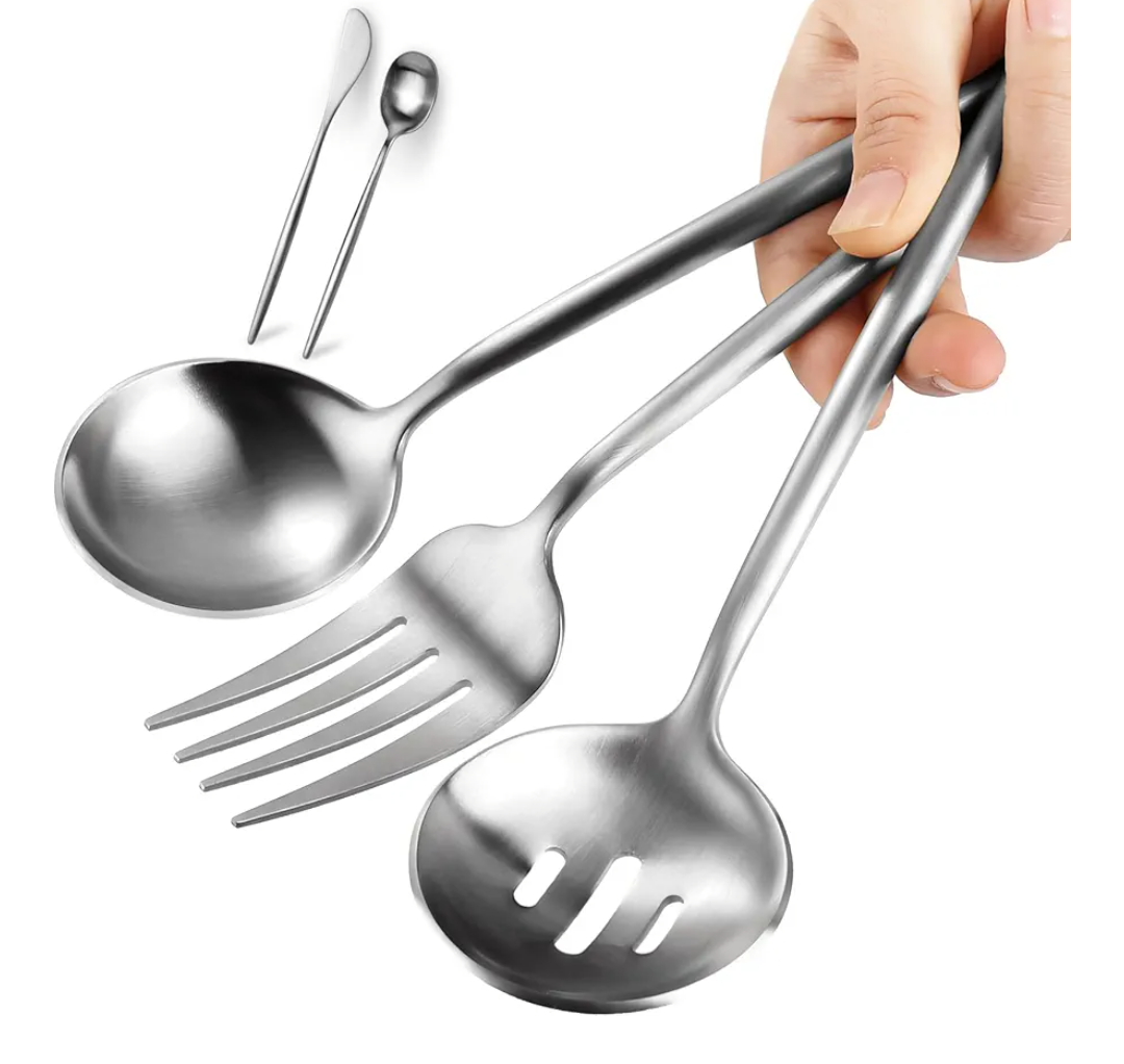 Large Serving Utensils Set,5 Pcs Stainless Steel Silver Serving Utensils with 10.8 Inch Serving Fork,10.3 Inch Serving Spoon,Slotted Serving Spoons,Sugar Spoons,Butter Knife for Party Buffet Banquet