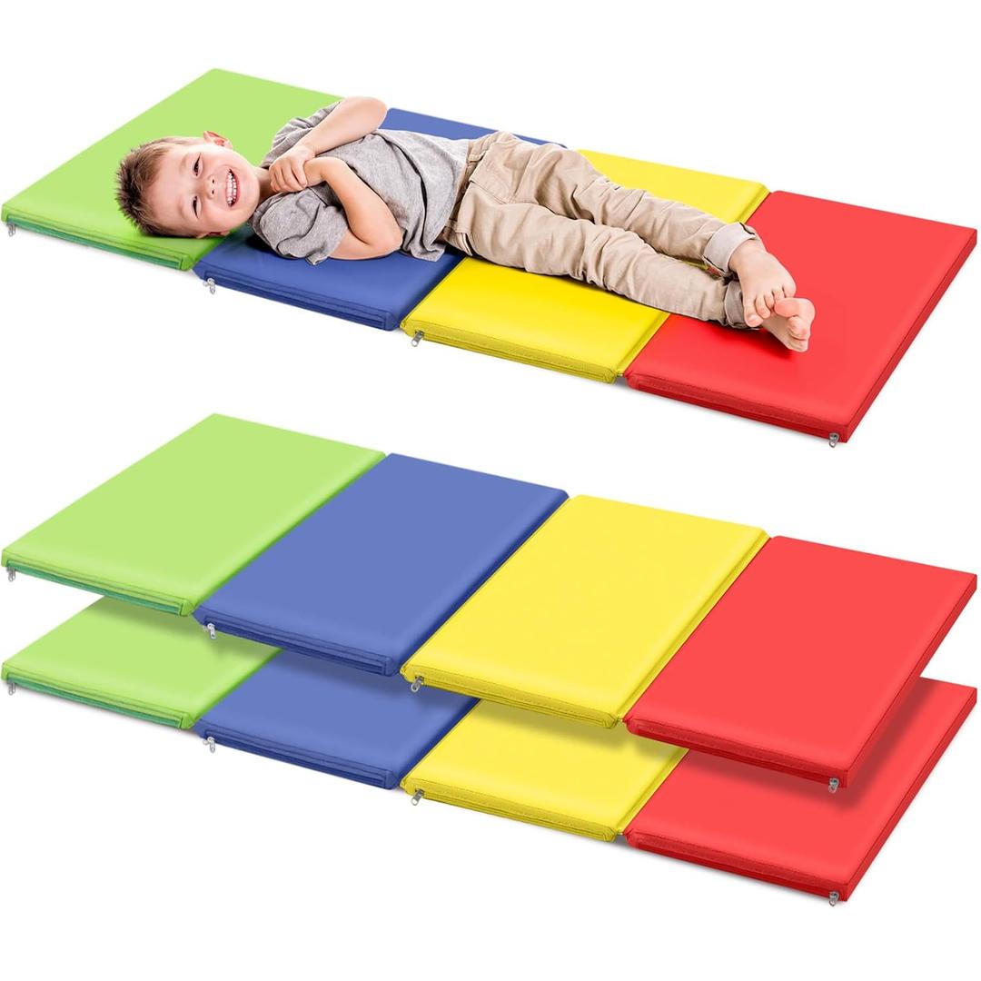 Wesiti 5 Pcs Nap Mats for Preschool 47 x 24" 1inch Thick Folding Rest Mat 4 Section, Sleeping Pad for Kids Children Daycare Nap School Classroom Kindergarten Daycare Travel Home, Colorful