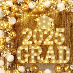 2025 Graduation Decorations, 79 PCS Graduation Party Supplies with 9 LED Marquee Light Up Letter Sign GRAD 2025 & Cap, Balloon Garland Kit for Outdoor Indoor Room Wall Table Grad Decor - White Gold