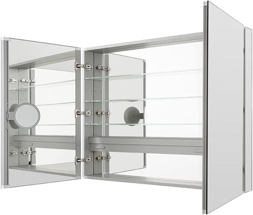 Royale Medicine Cabinet Defogger, 3X LED Lighted Vertically Adjustable Magnifying Mirror, Electrical Outlets, Magnetic Organizer, Recessed or Surface Mount (48"x36"x5")