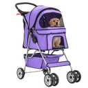 FDW Pet Stroller 4-Wheel Dog Cat Stroller Travel Folding Carrier Puppy Stroller with Cup Holder and Removable Liner for Small Medium Dogs Cats, Purple