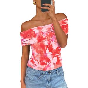 PRETTYGARDEN Women's Off The Shoulder Short Sleeve Ruched Slim Fit Blouse (Pink, S)