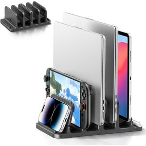 4-Slot Vertical Laptop Stand with Gravity Locking, 6-in-1 Laptop Holder Desktop Stand, Space-Saving Organizer Fits MacBook/Surface/Samsung/HP/Dell/Book/Tablet/Switch and Cell Phone