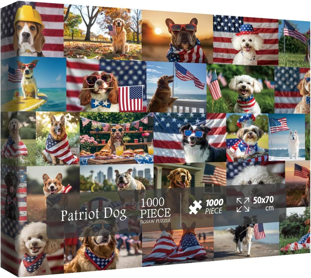 Fun Patriotic Dog Puzzles for Adults 1000 Pieces, Colorful Collage American Flag Jigsaw Puzzles, Challenging Art Landscape Sunset Scenic Puzzle