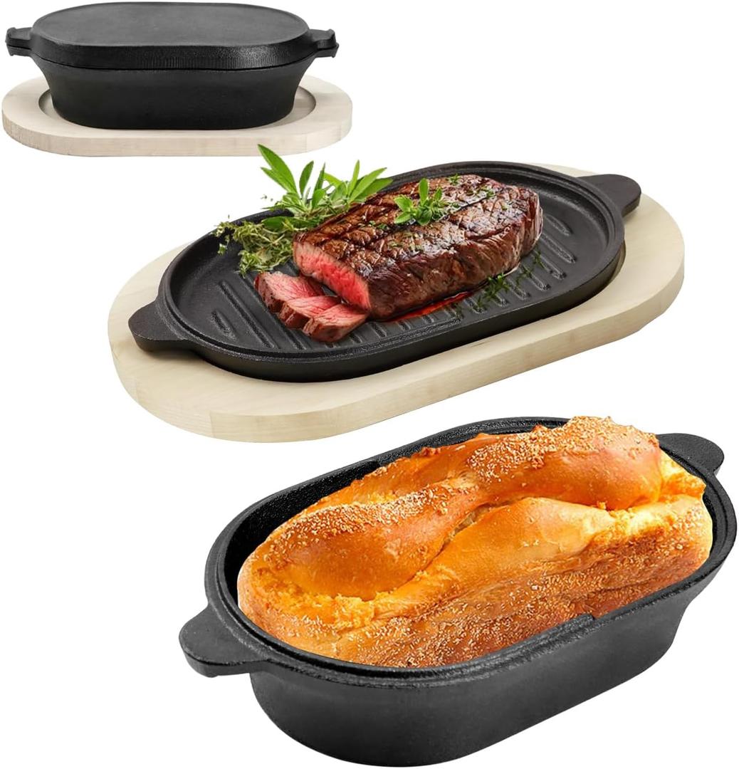 DVK Cast Iron Bread Pan with Lid 2 in 1 Pre Seasoned Cast Iron Dutch Oven Pot Bread Cooking Set with Wooden Plate