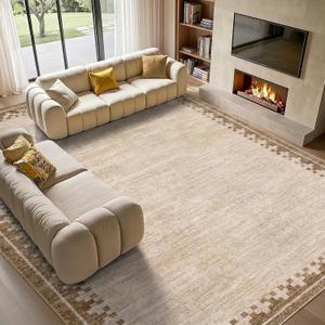 GarveeHome Cross Bordered Large Area Rug 9x12 Machine Washable Non Slip Low Pile Dining Room Carpet Geometric Stain Resistant Living Room Bedroom Home Office Rug, Beige