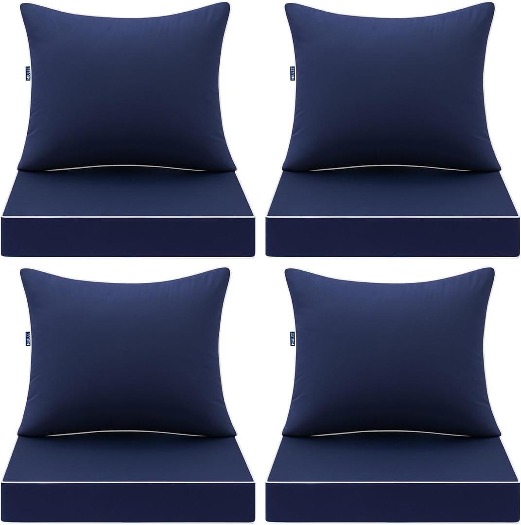 MIULEE Navy Outdoor Seat Cushion 24x24 Inch Set of 4 Waterproof Cushions | 3 Year Fade Resistant, Deep Seat and Back Cushion for Patio Furniture Chair Sofa Couch, Handle and Adjustable Straps