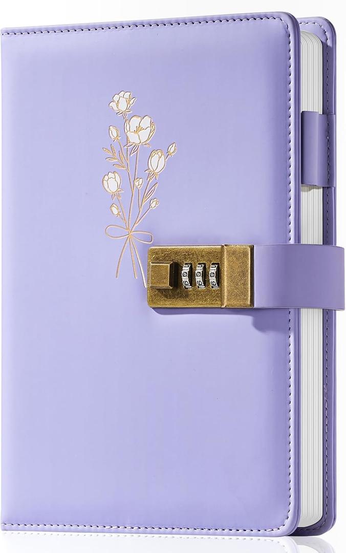 Ovesmusl Diary with Lock for Girls A5 Leather Diary for Women 260 Pages 100 GSM Refillable Journal with Lock for Teens Secrets Flower Journals with Combination Passwords, 5.7"x8.3", Purple
