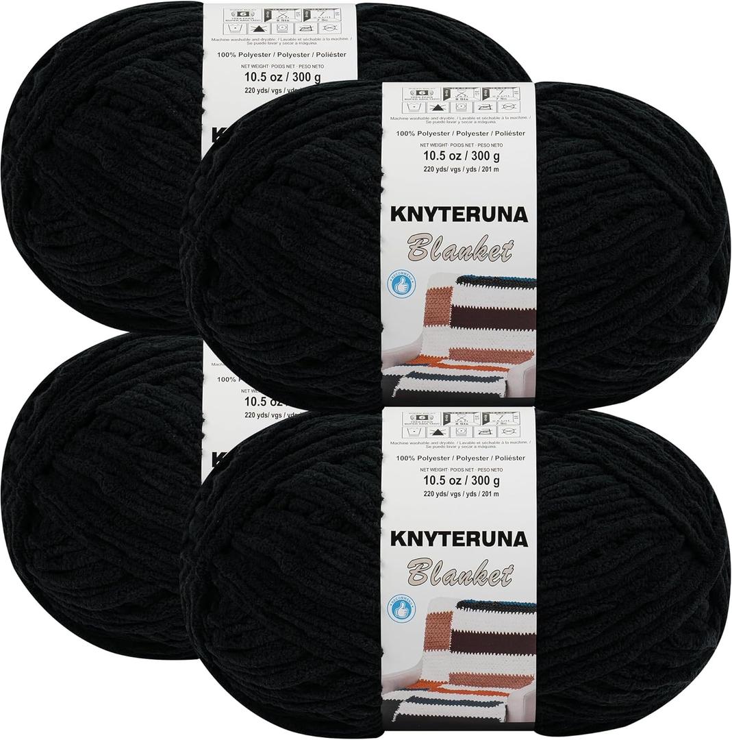 Knyteruna #6 Super Bulky Blanket Yarn for Crocheting  4 Skeins(Each 10.5oz/300g, 220yds/201m), Chunky Chenille Thick Plush Big Soft Yarn for Crocheting Knitting Blankets, Black