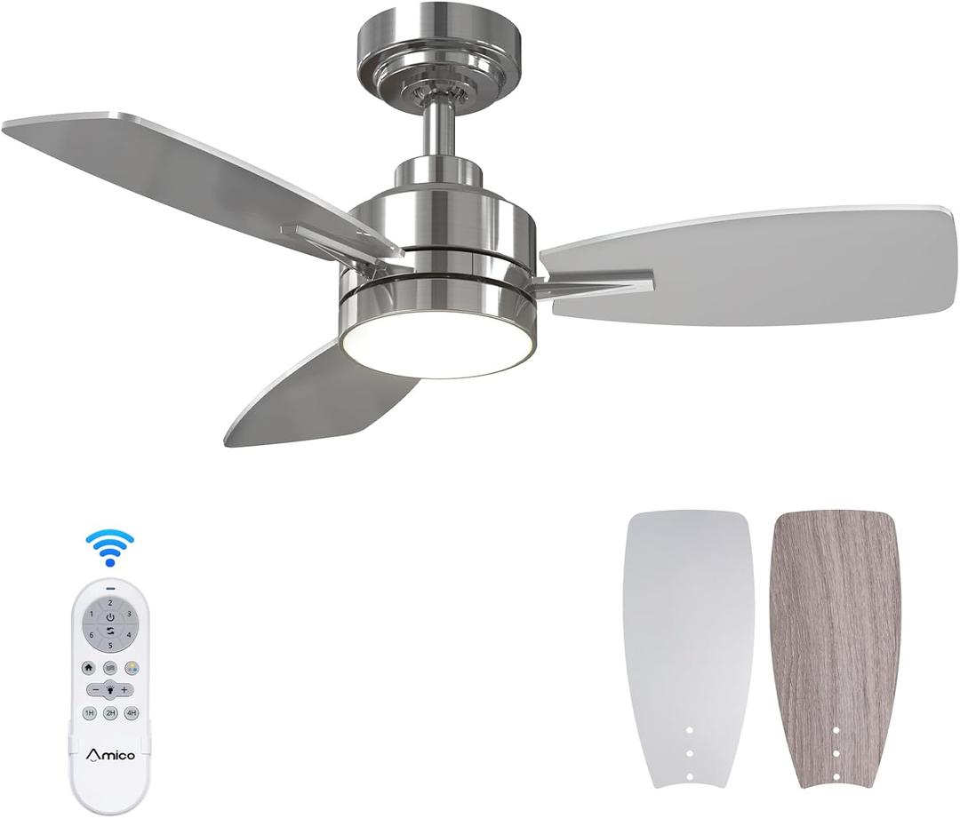 Amico Ceiling Fans with Lights, 36 inch Nickel Ceiling Fan with Light and Remote Control, Reversible, 3CCT, Dimmable, Noiseless, Small Ceiling Fan for Bedroom, Farmhouse, Indoor/Outdoor Use