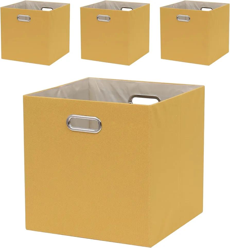Cube Storage Bins 13×13x13 Inch, 4 Pack Collapsible Linen Fabric Storage Cubes with Handles, Thick Heavy Duty Storage Baskets for Shelves Kallax Bedroom Dormitory Toy Clothes, Yellow