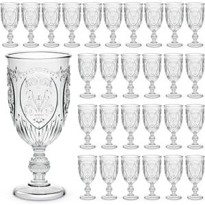 Wiwiqing 48 Pcs Plastic Goblets 7.5oz Vintage Goblet Plastic Wine Glasses Colored Retro Embossed Water Goblets for Wine Bar Juice Baby Shower Wedding Reception Grand Event Party (Clear)
