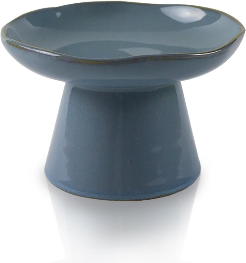 Extra Wide 6.1" Ceramic Raised Cat Food Bowl, Shallow Elevated Pet Feeder for Food Feeding, Anti Vomiting Whisker Fatigue Bowls for Cat Puppy, Blue