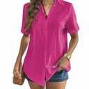 Zeagoo Women Linen Button Down Shirt Rolled Cuffed Short Sleeve Blouse Ladies Summer Casual V Neck Beach Cotton Tops Pink 2XL