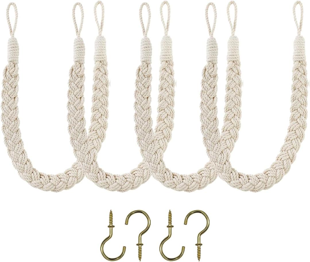 Home Queen Hand Braided Curtain Tiebacks, Buckle Holdback Drapery Curtain Tie Back, 4 Rope Cotton Belt Curtain Tie with 4 Metal Hooks, Off White